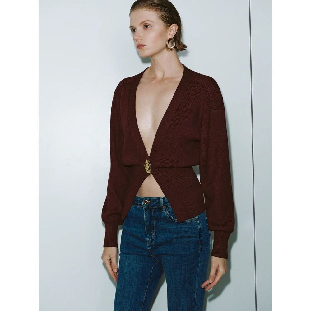 Urban Revivo Womens Brown Leaf Shape Button Knitted Cardigan Sweater Size 10